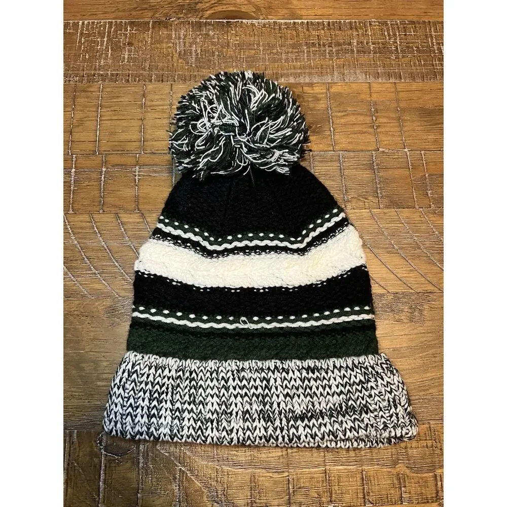 Sport-Tek Kids Pom-Pom Beanie Black White Green Winter Cozy Casual Outdoors